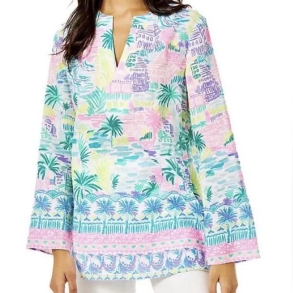 NWT LILLY PULITZER LINEN OCEAN COVE TUNIC PRIVATE ISLAND PRINT XL NEW